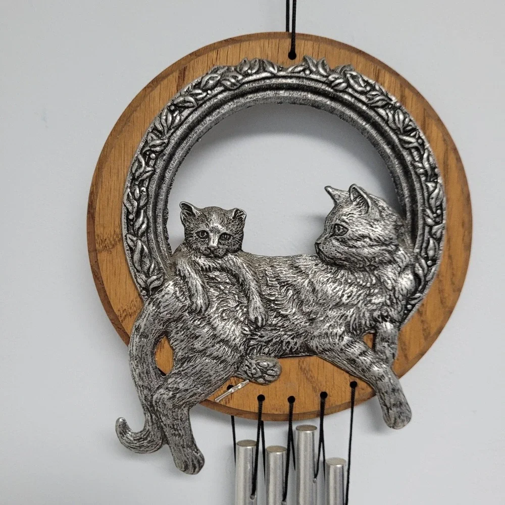 Cat Wind Chime Kitten Metal Hanging Decor Wooden